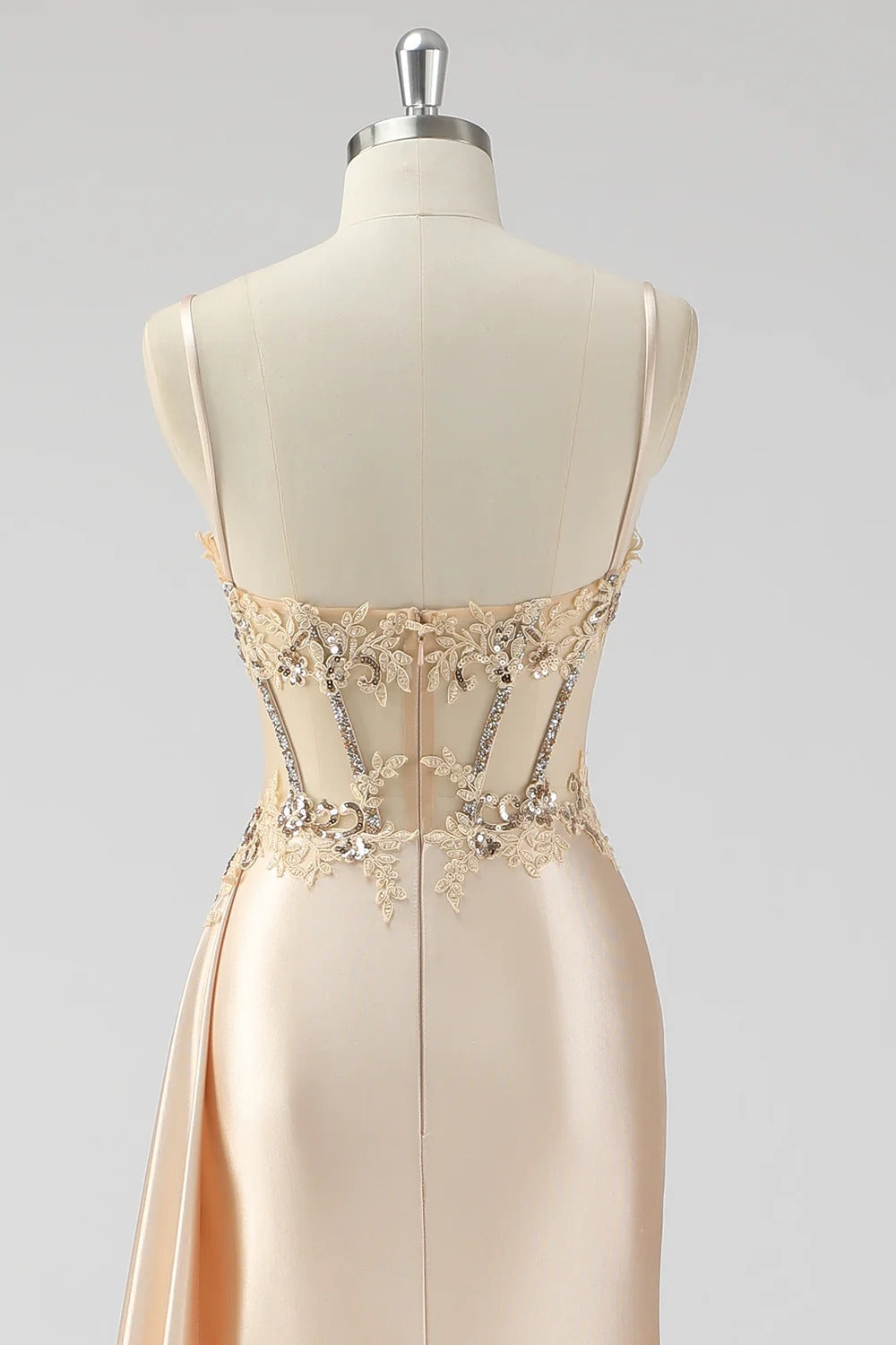 Silver Mermaid Sheer Long Corset Satin Formal Dress With Slit