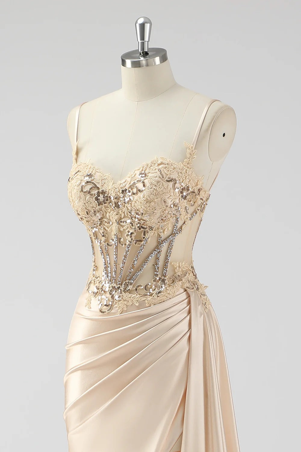 Silver Mermaid Sheer Long Corset Satin Formal Dress With Slit