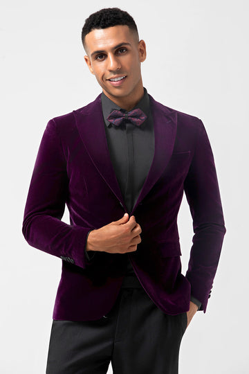 Dark Purple Peak Lapel One Button Velvet Men's Formal Blazer