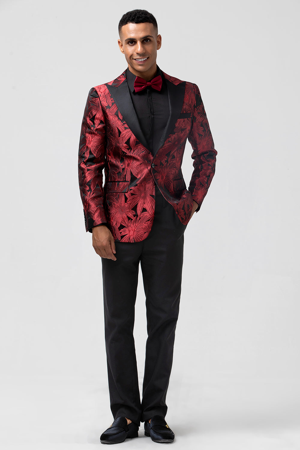 Peak Lapel Burgundy Jacquard One Button Men's Blazer