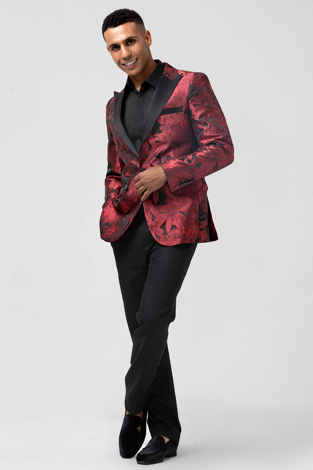Peak Lapel Burgundy Jacquard One Button Men's Blazer