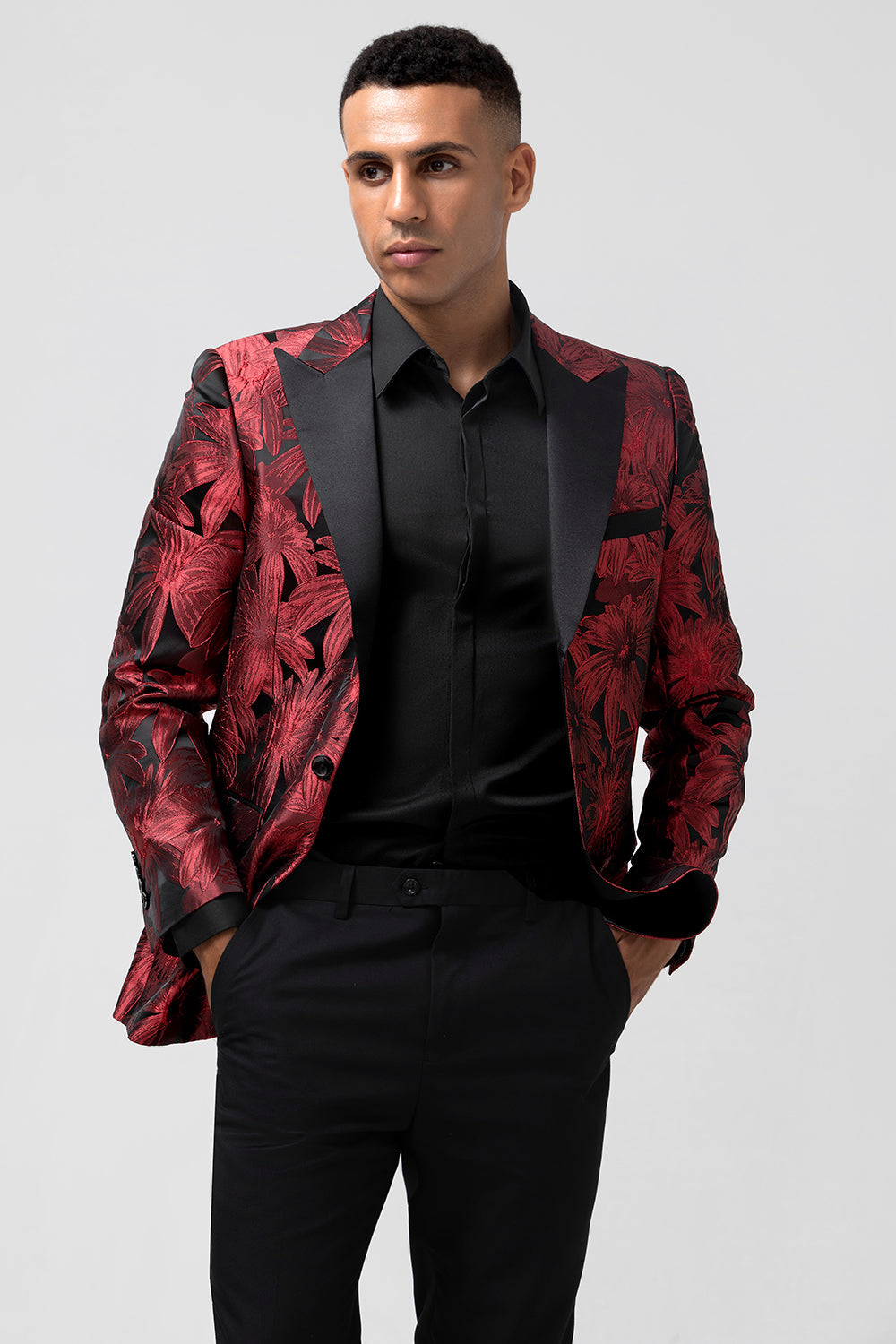 Peak Lapel Burgundy Jacquard One Button Men's Blazer