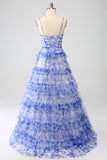 Blue Printed A Line Tiered Hollow-Out Long Formal Dress