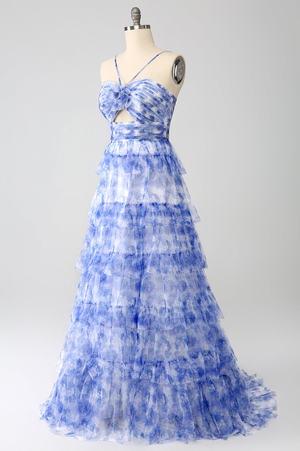 Blue Printed A Line Tiered Hollow-Out Long Formal Dress