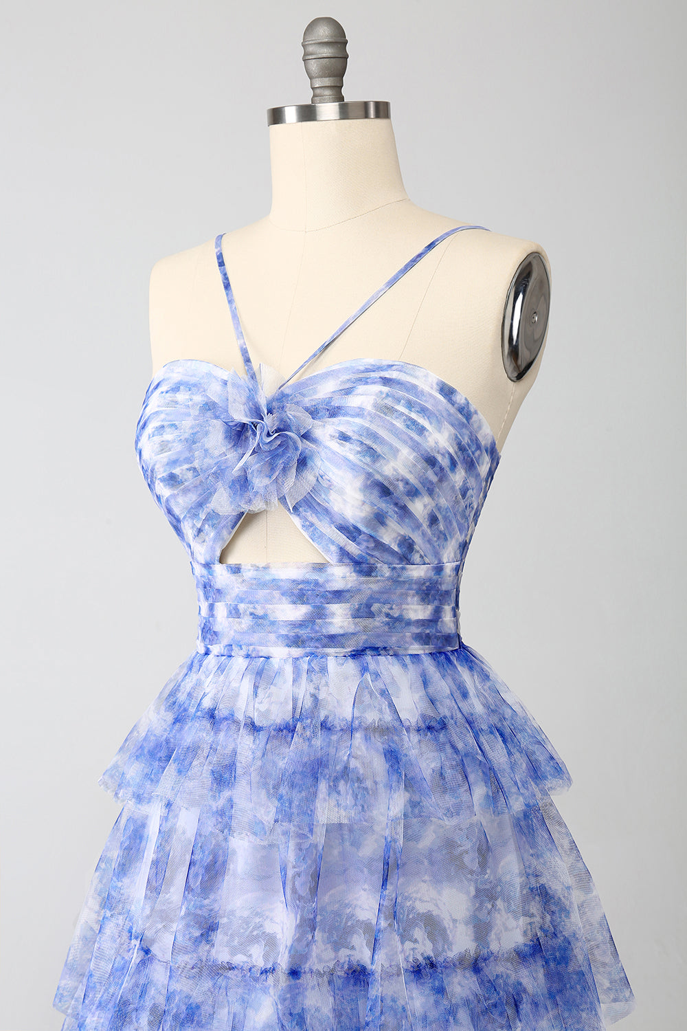 Blue Printed A Line Tiered Hollow-Out Long Formal Dress