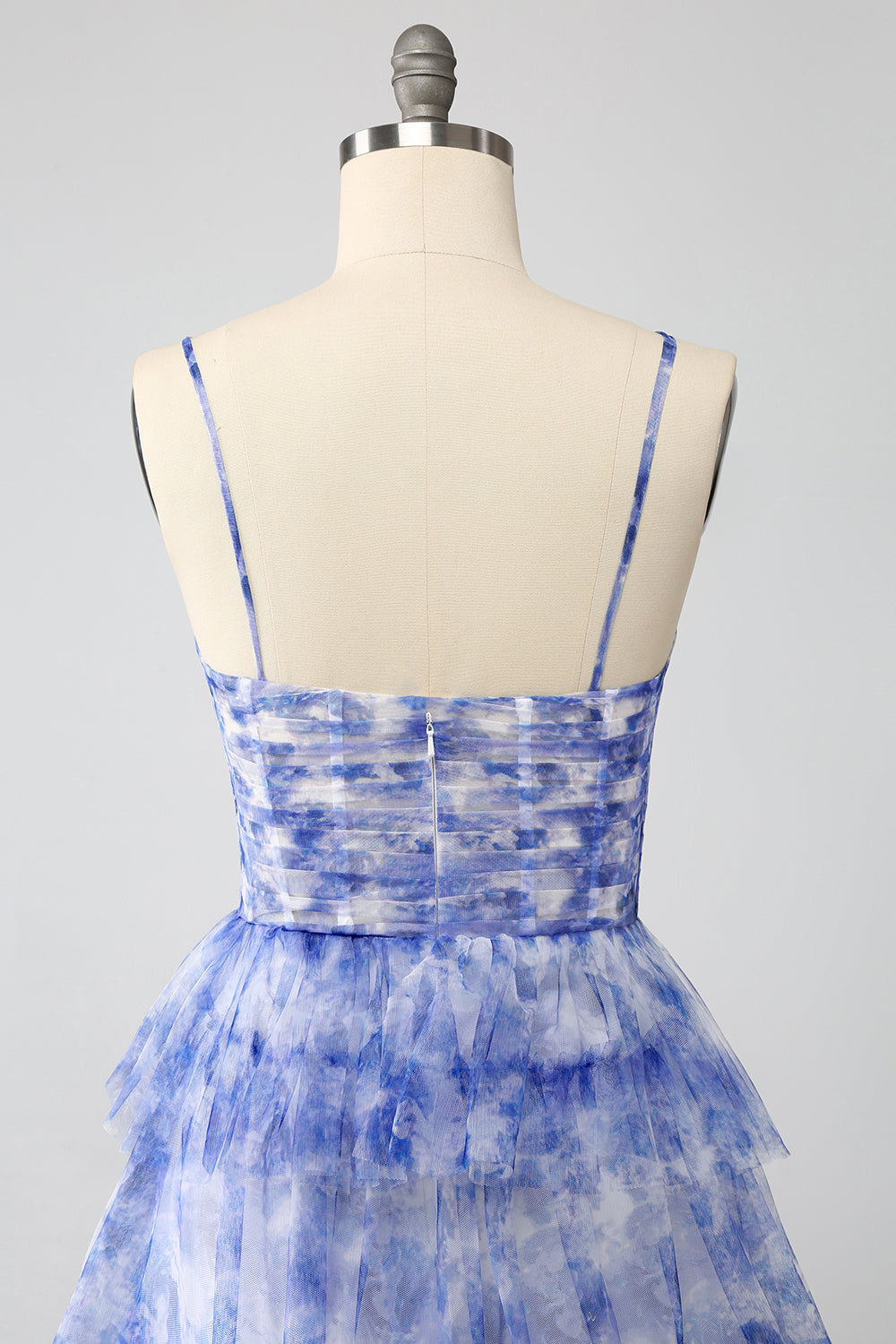 Blue Printed A Line Tiered Hollow-Out Long Formal Dress