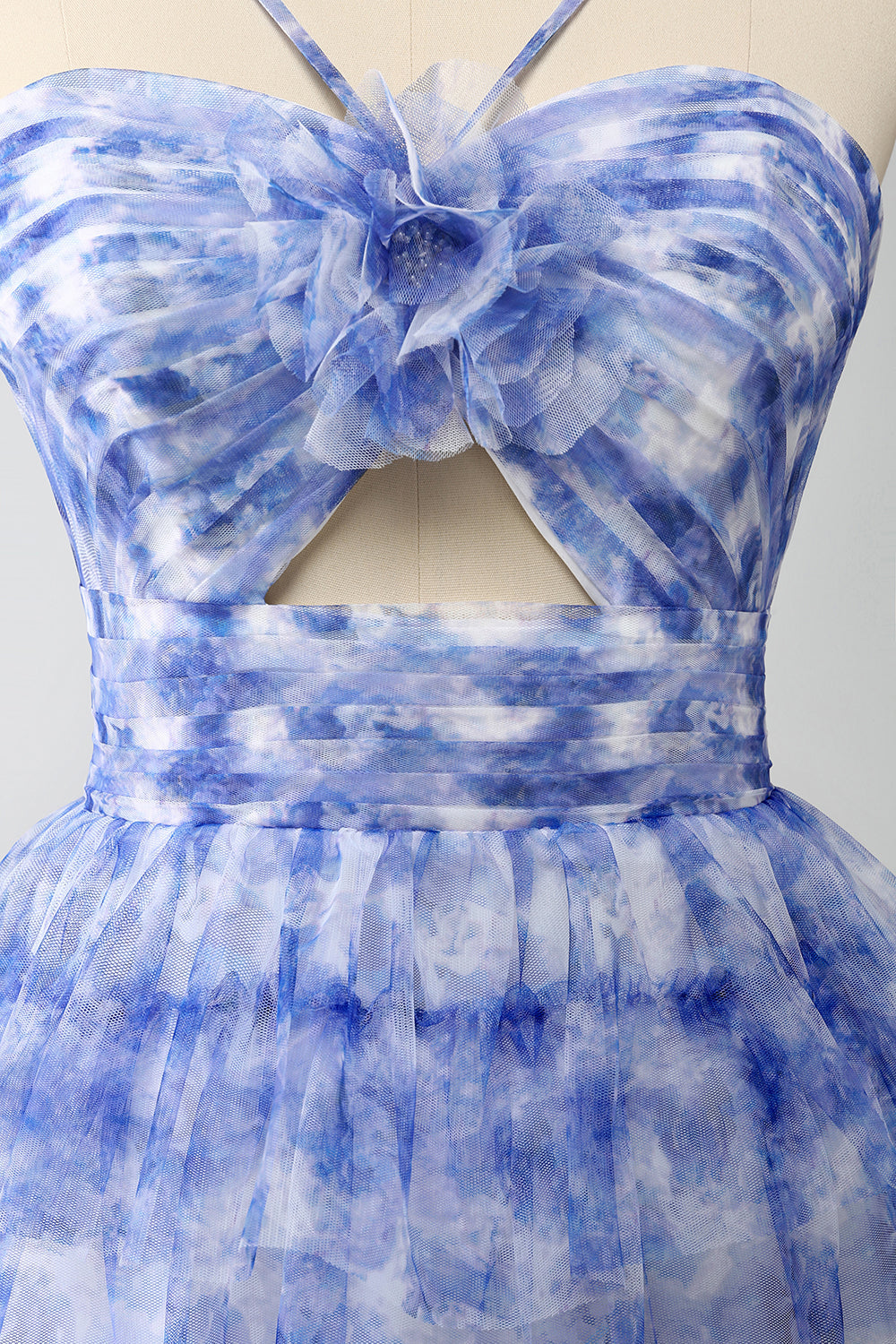 Blue Printed A Line Tiered Hollow-Out Long Formal Dress
