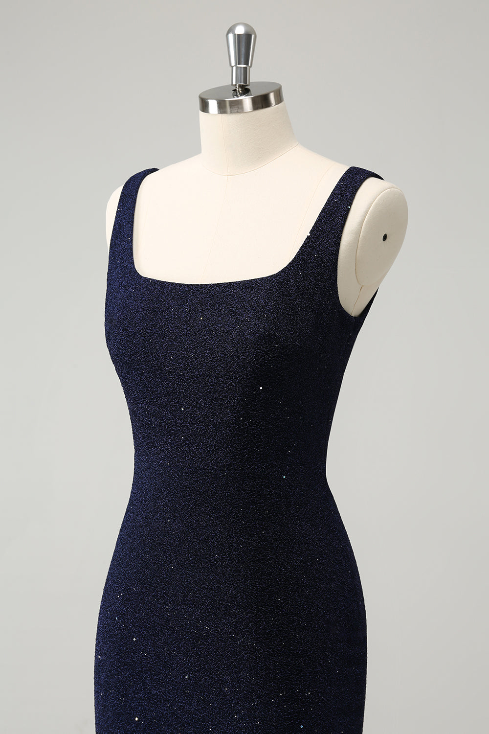 Sparkly Dark Blue Square Neck Bodycon Cocktail Dress With Slit