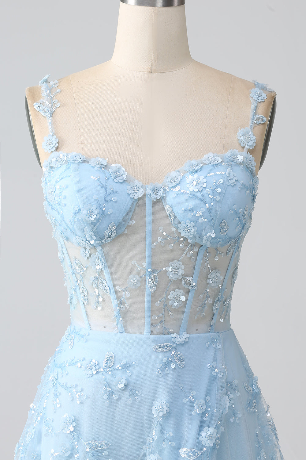 A Line Blush Spaghetti Straps Sequin Corset Formal Dress With Slit