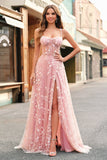 A Line Blush Spaghetti Straps Sequin Corset Formal Dress With Slit