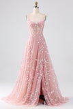A Line Blush Spaghetti Straps Sequin Corset Formal Dress With Slit