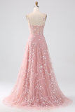A Line Blush Spaghetti Straps Sequin Corset Formal Dress With Slit