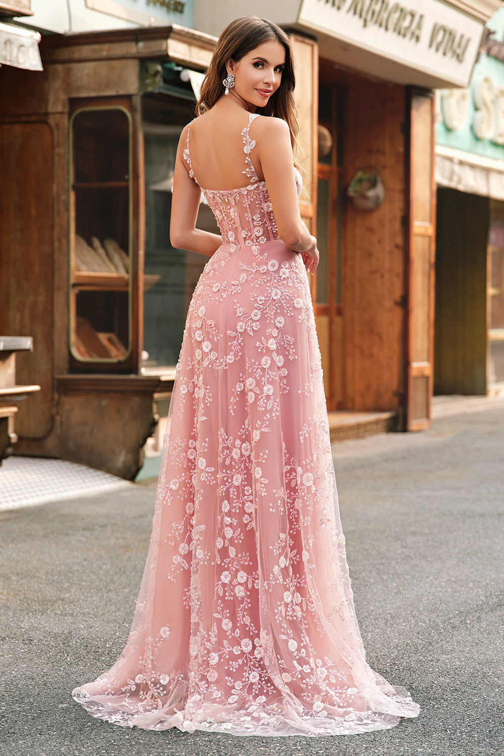 A Line Blush Spaghetti Straps Sequin Corset Formal Dress With Slit