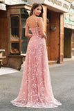 A Line Blush Spaghetti Straps Sequin Corset Formal Dress With Slit