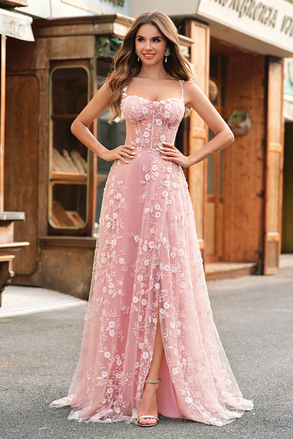A Line Blush Spaghetti Straps Sequin Corset Formal Dress With Slit