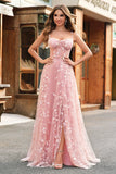 A Line Blush Spaghetti Straps Sequin Corset Formal Dress With Slit