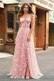 A Line Blush Spaghetti Straps Sequin Corset Formal Dress With Slit
