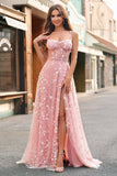 A Line Blush Spaghetti Straps Sequin Corset Formal Dress With Slit