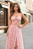 A Line Blush Spaghetti Straps Sequin Corset Formal Dress With Slit