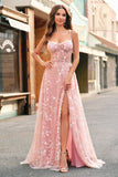 A Line Blush Spaghetti Straps Sequin Corset Formal Dress With Slit