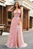 A Line Blush Spaghetti Straps Sequin Corset Formal Dress With Slit