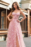 A Line Blush Spaghetti Straps Sequin Corset Formal Dress With Slit