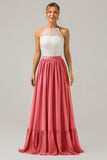 Keyhole Dusty Sage Halter Chiffon Boho Long Bridesmaid Dress with Lace