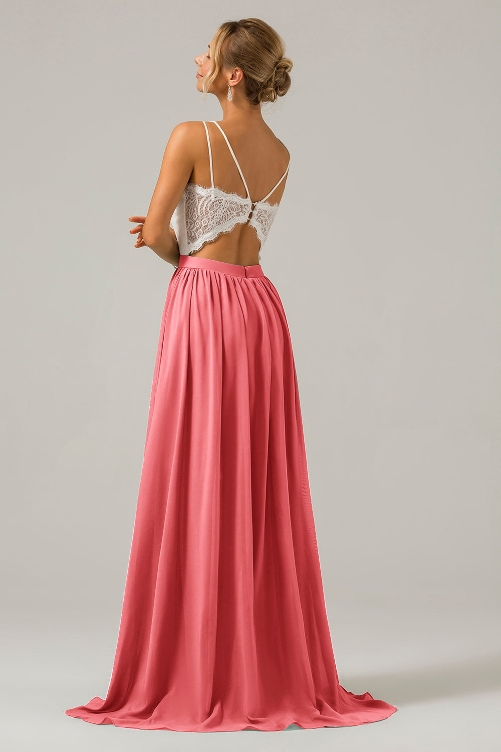 Vintage Mauve Spaghetti Straps Open Back Chiffon Long Boho Bridesmaid Dress with Lace