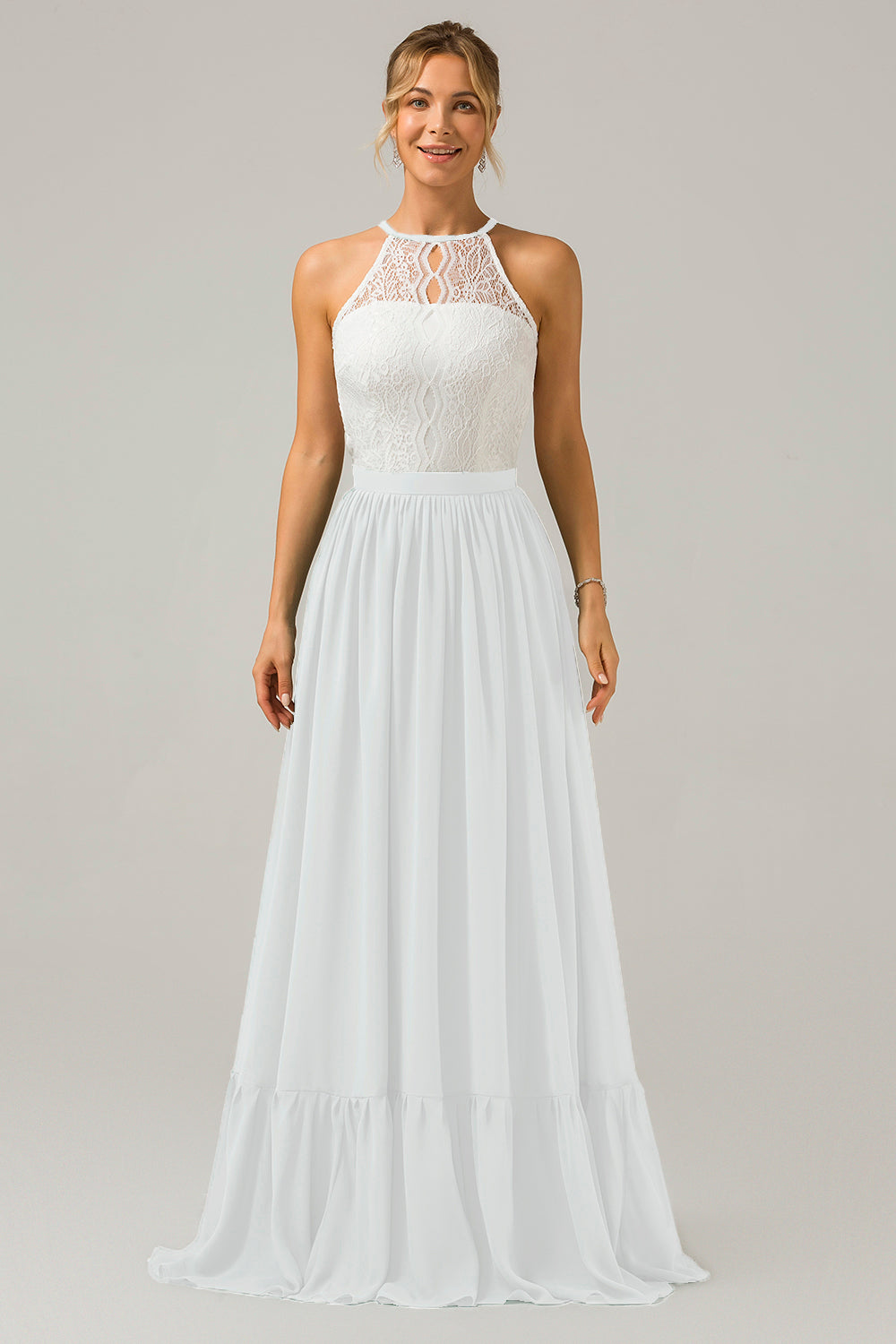 Keyhole Dusty Sage Halter Chiffon Boho Long Bridesmaid Dress with Lace