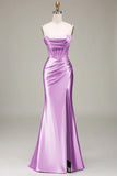 Stylish Mermaid Spaghetti Straps Purple Corset Long Formal Dress with Split Front