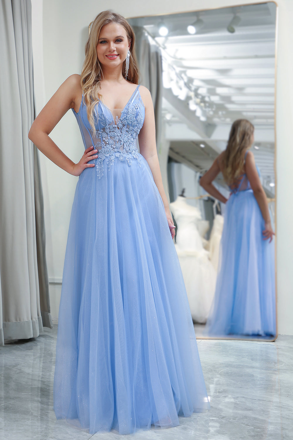 Light Blue A-Line V Neck Tulle Formal Dress With Appliques