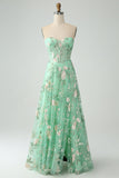 Green A Line Sweetheart Printed Corset Formal Dress with Slit