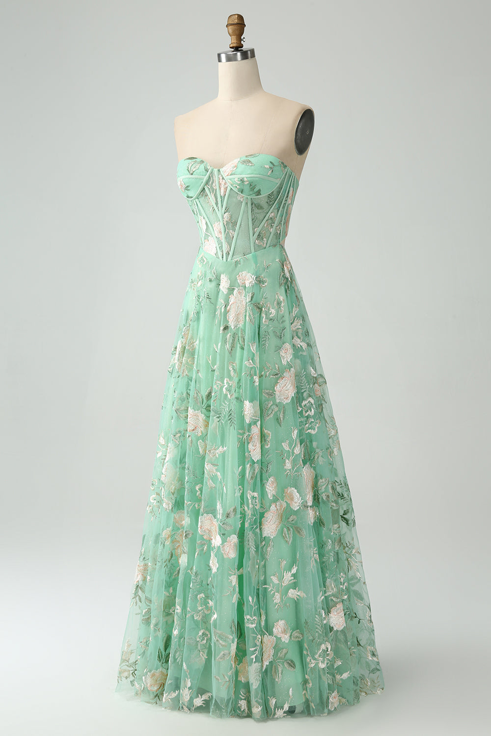 Green A Line Sweetheart Printed Corset Formal Dress with Slit