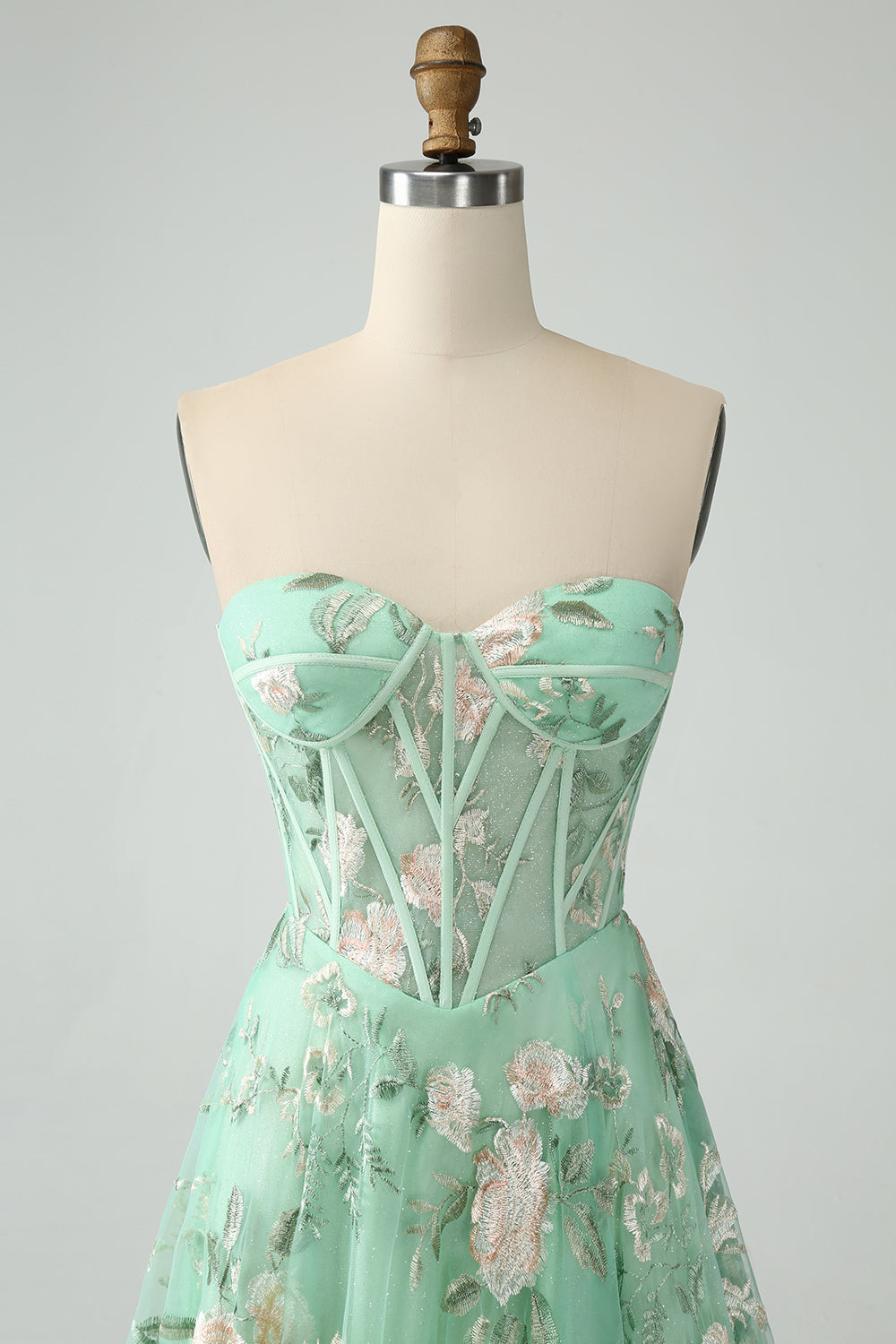 Green A Line Sweetheart Printed Corset Formal Dress with Slit