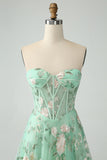 Green A Line Sweetheart Printed Corset Formal Dress with Slit