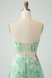 Green A Line Sweetheart Printed Corset Formal Dress with Slit
