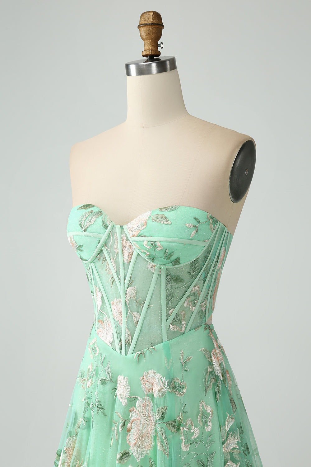 Green A Line Sweetheart Printed Corset Formal Dress with Slit