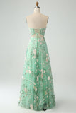 Green A Line Sweetheart Printed Corset Formal Dress with Slit