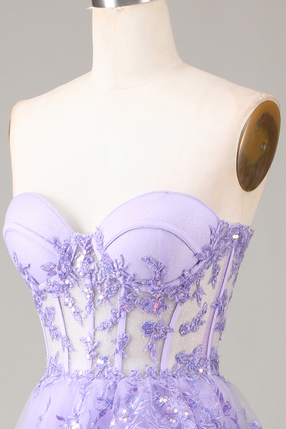Sparkly Lilac Tiered Corset Lace Long Formal Dress with Slit