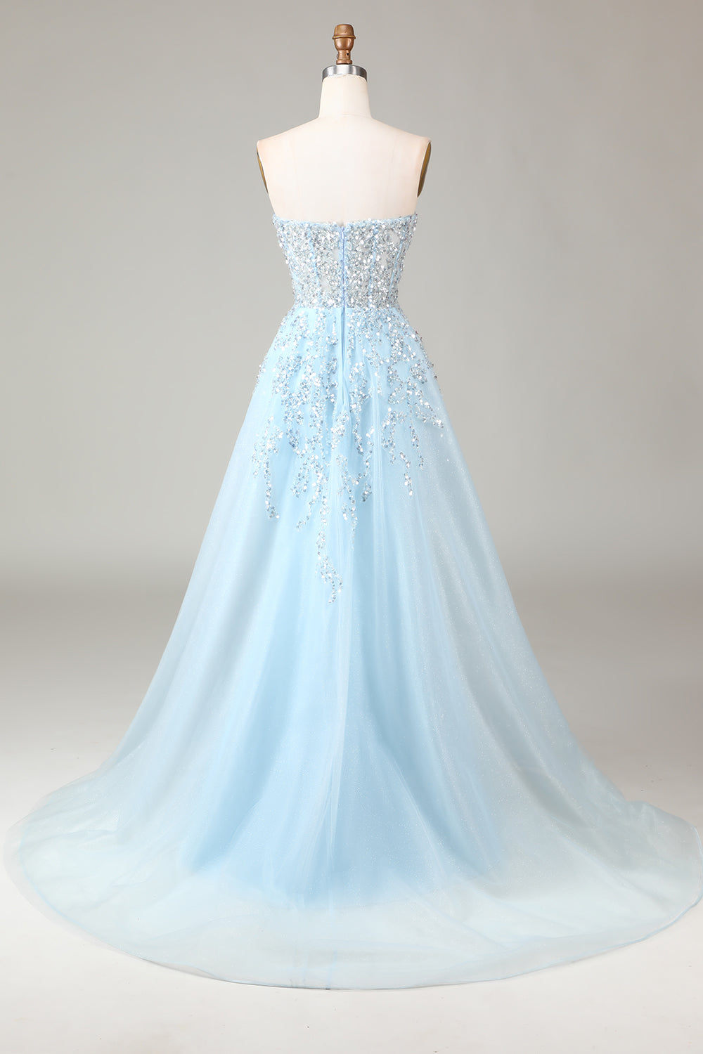 Sparkly Light Blue Beaded Long Formal Dress with Slit