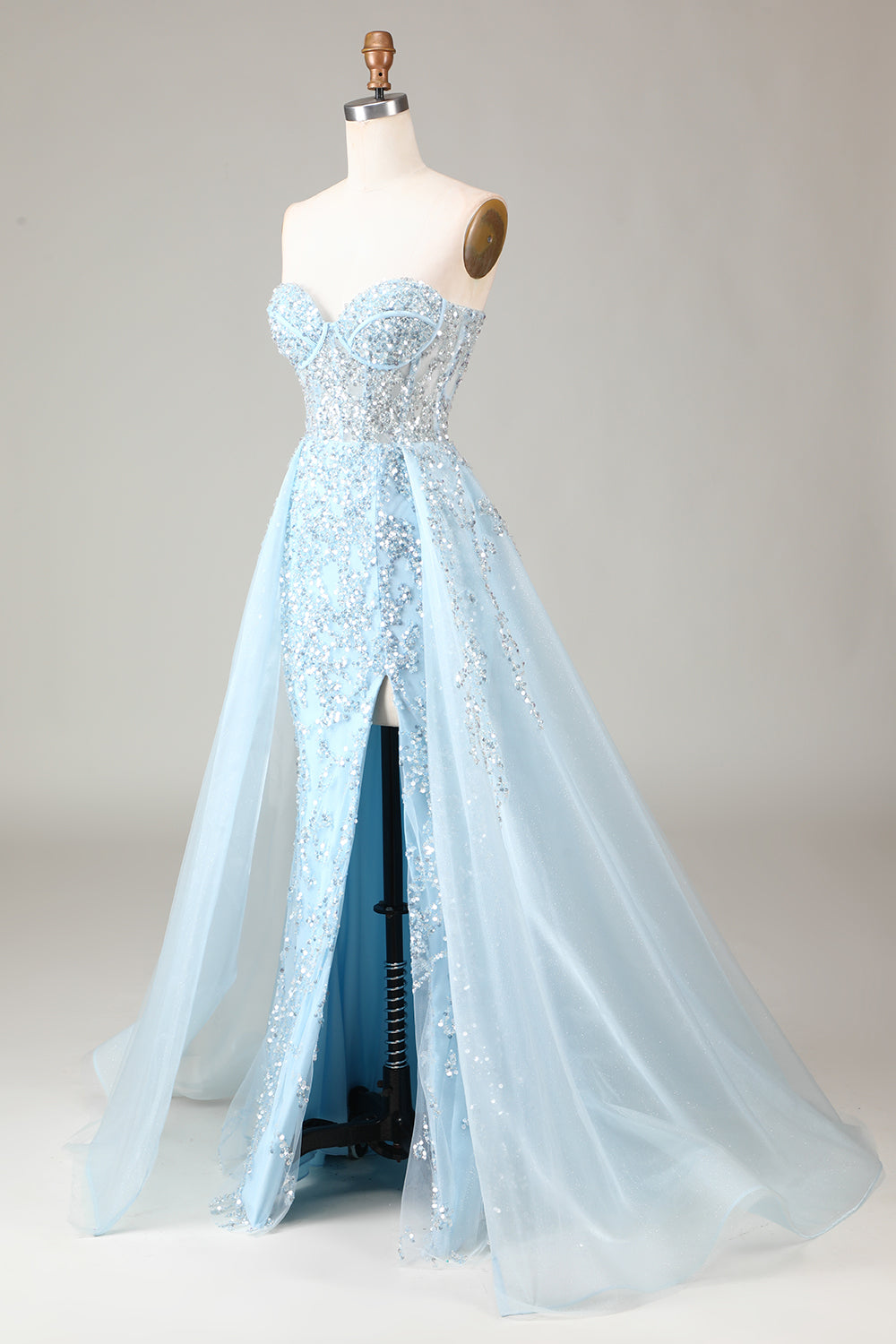 Sparkly Light Blue Beaded Long Formal Dress with Slit