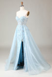 Sparkly Light Blue Beaded Long Formal Dress with Slit