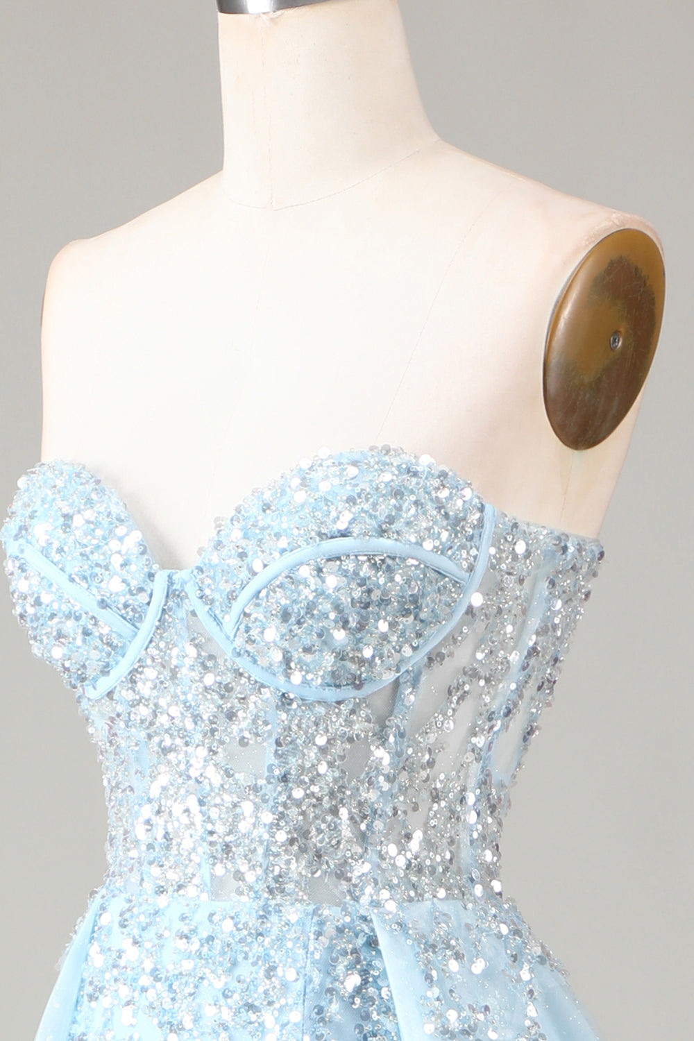 Sparkly Light Blue Beaded Long Formal Dress with Slit