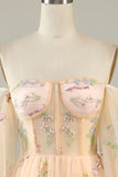 Champagne Off The Shoulder Long Sleeves A-Line Formal Dress