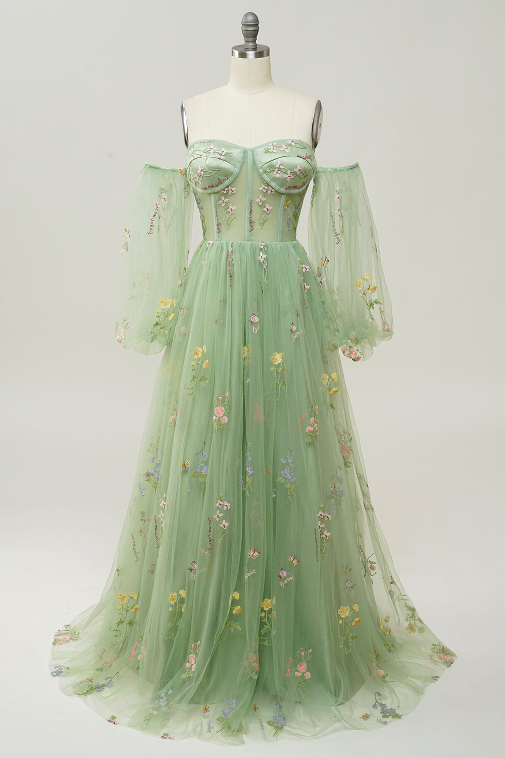 Champagne Off The Shoulder Long Sleeves A-Line Formal Dress
