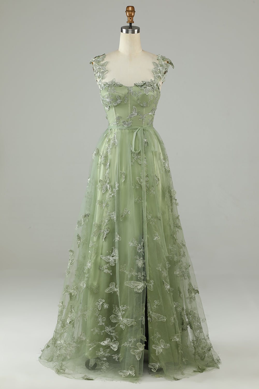 Green Corset Butterflies Long Tulle Formal Dress with Slit