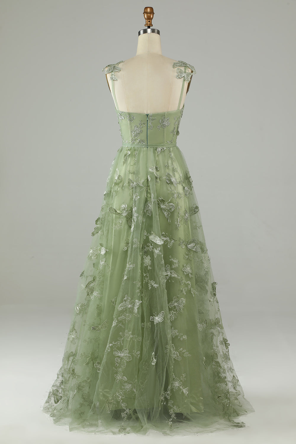 Green Corset Butterflies Long Tulle Formal Dress with Slit