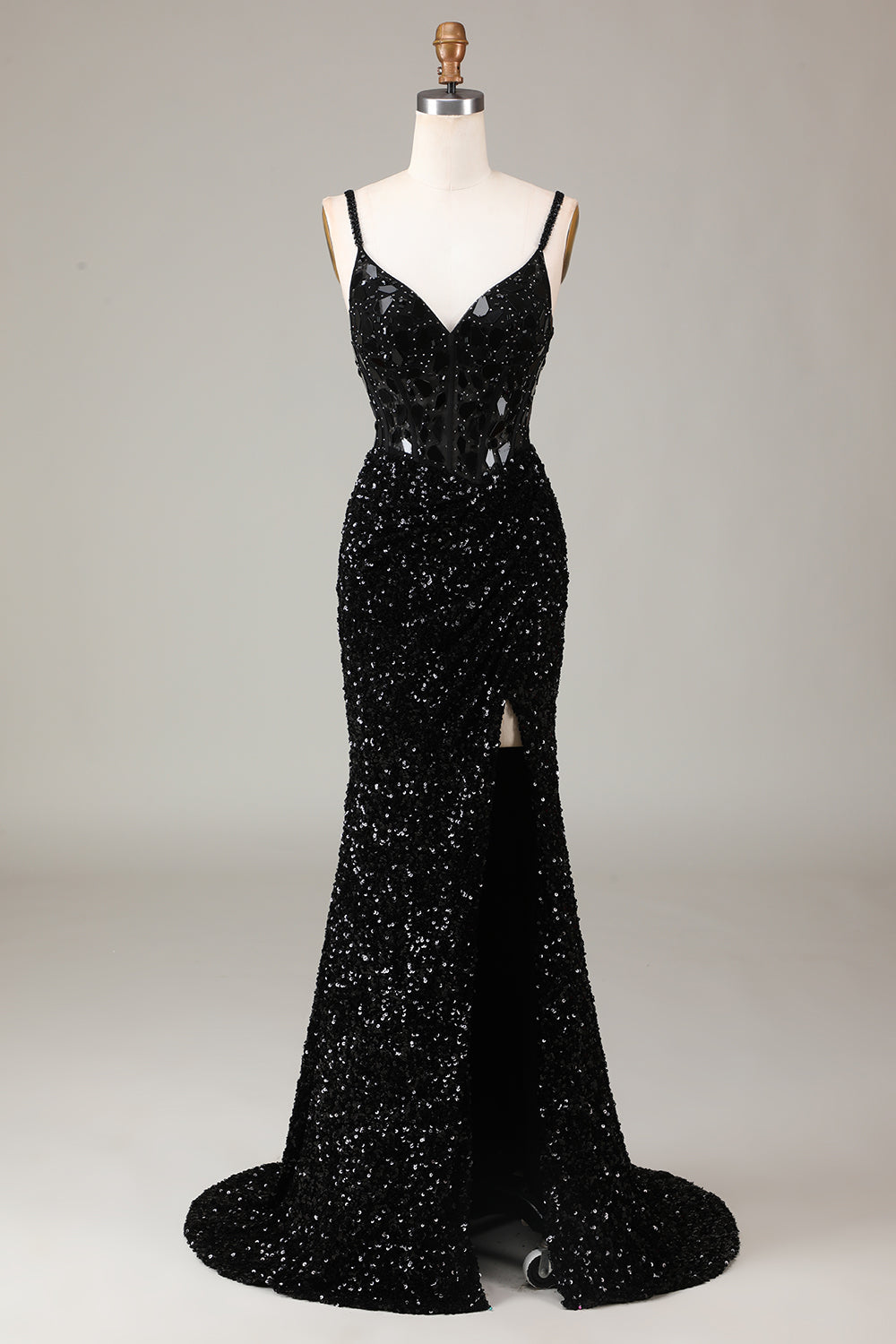 Sparkly Red Corset Sequins Long Mirror Formal Dress with Slit