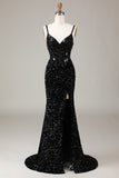 Sparkly Black Corset Sequins Long Mirror Formal Dress with Slit