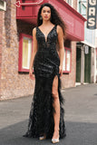 Sparkly Black Depp V-Neck Mermaid Long Formal Dress with Feathers